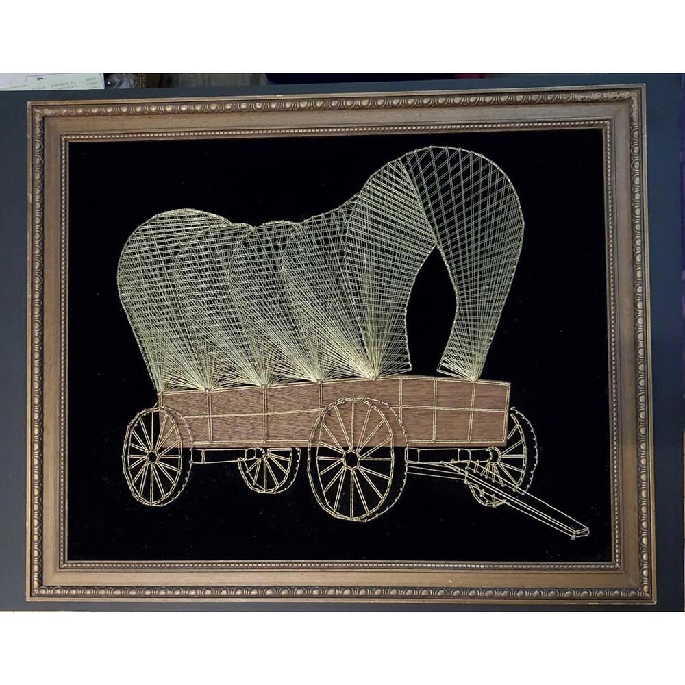 Vtg MCM Wagon Nail & String Art Gold Wire Black Velvet Cowboy Western Framed